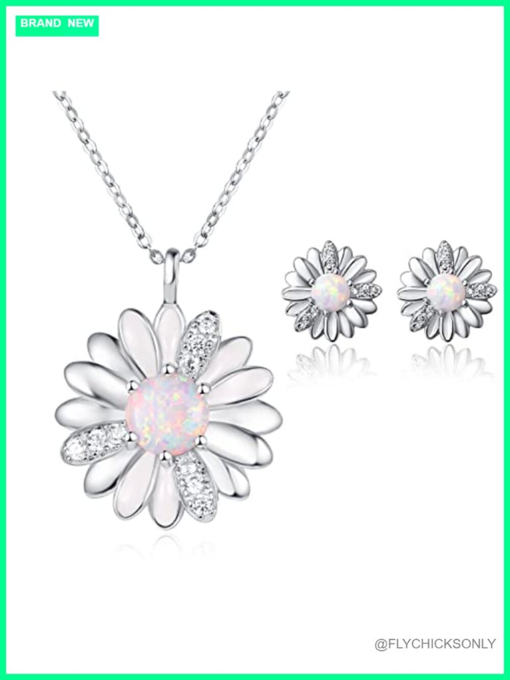S925 Sterling Silver Opal Daisy Necklace and Earrings Set for Women